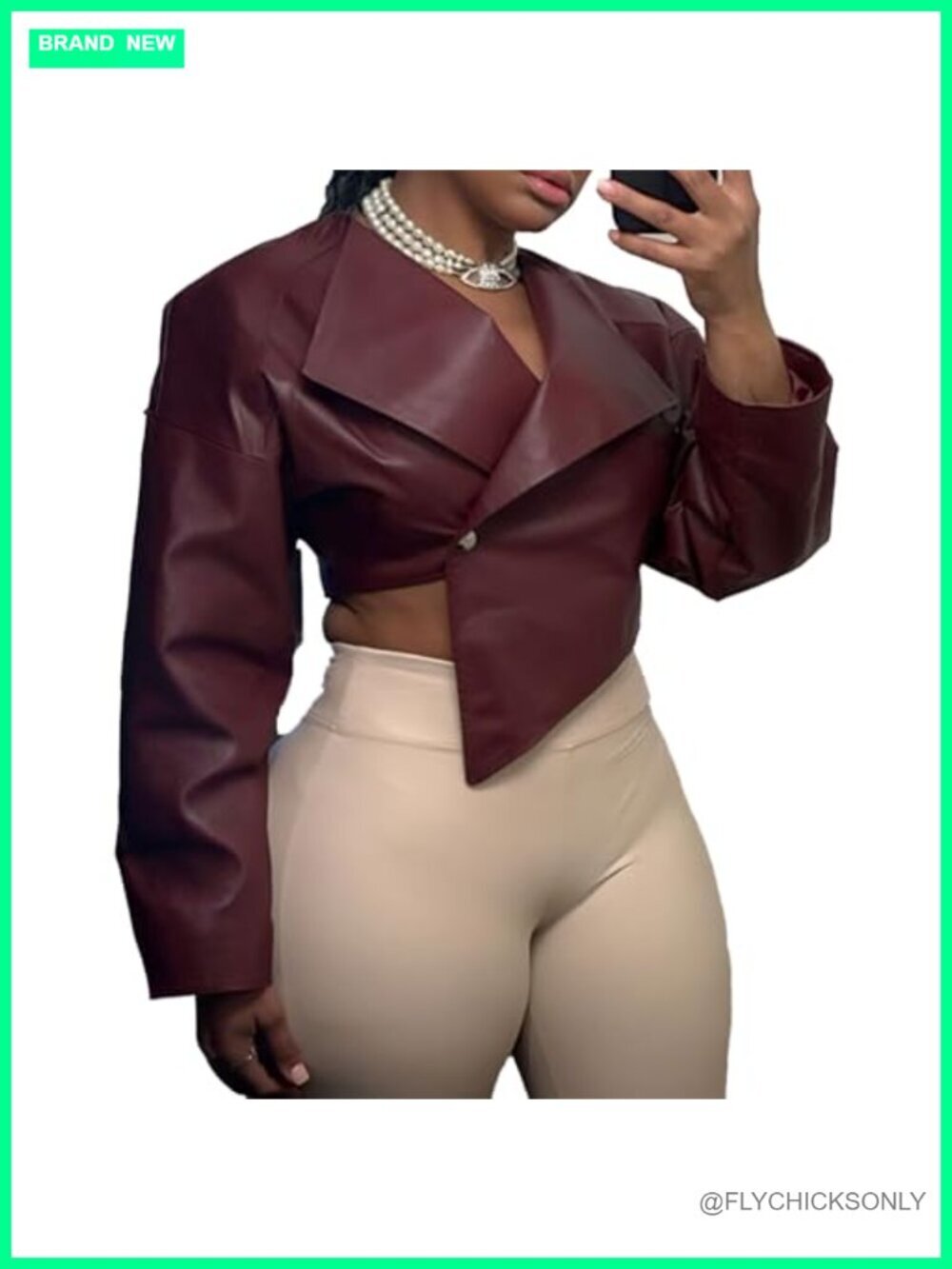 Crop Faux Leather Jacket Long Sleeve Lapel Button Down PU Coat Going Out